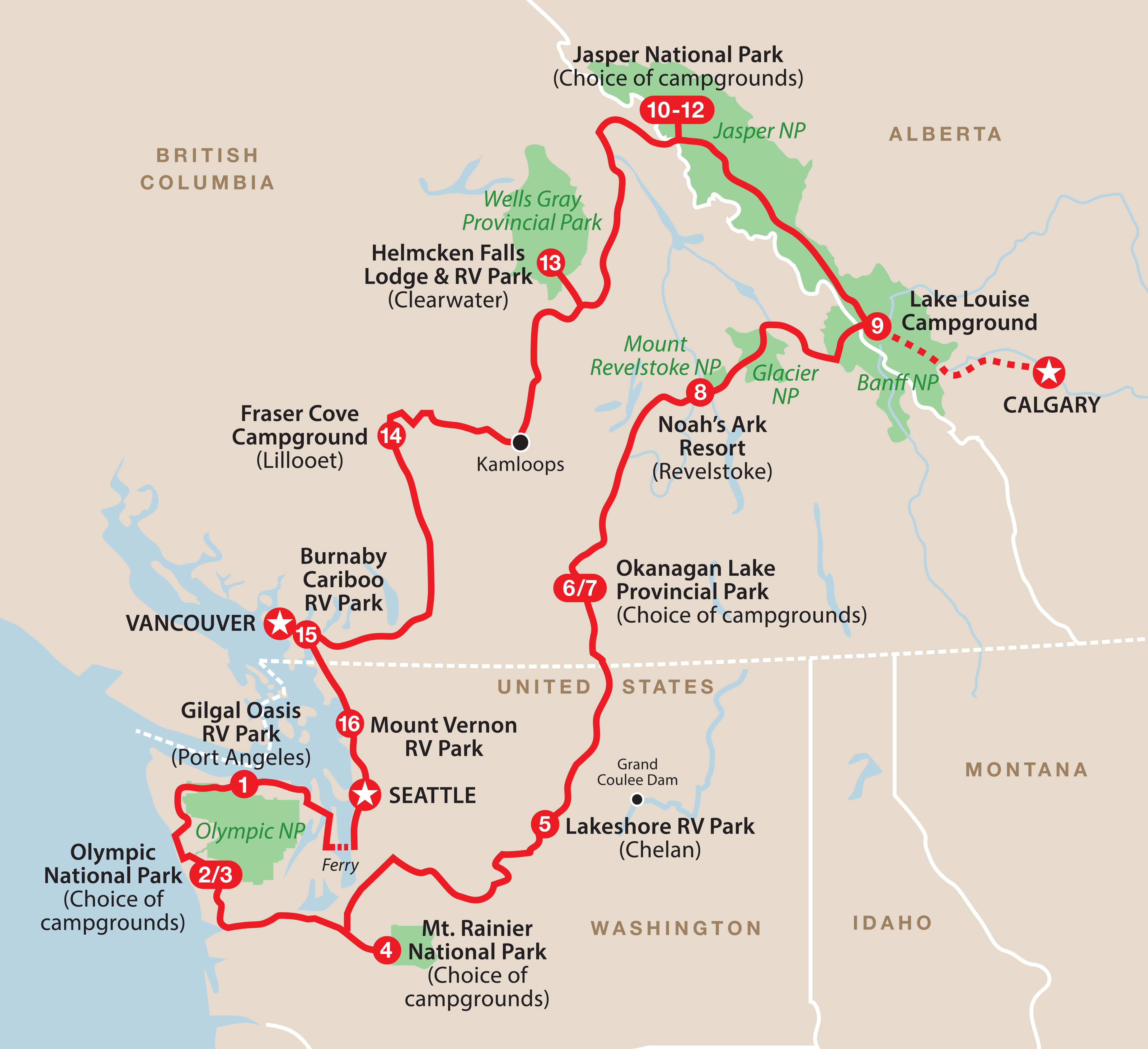Mapa ruta Pacific Northwest & the Canadian Rockies
